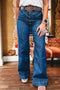 Stitched Waist Western Cuffed Wide Leg Jeans